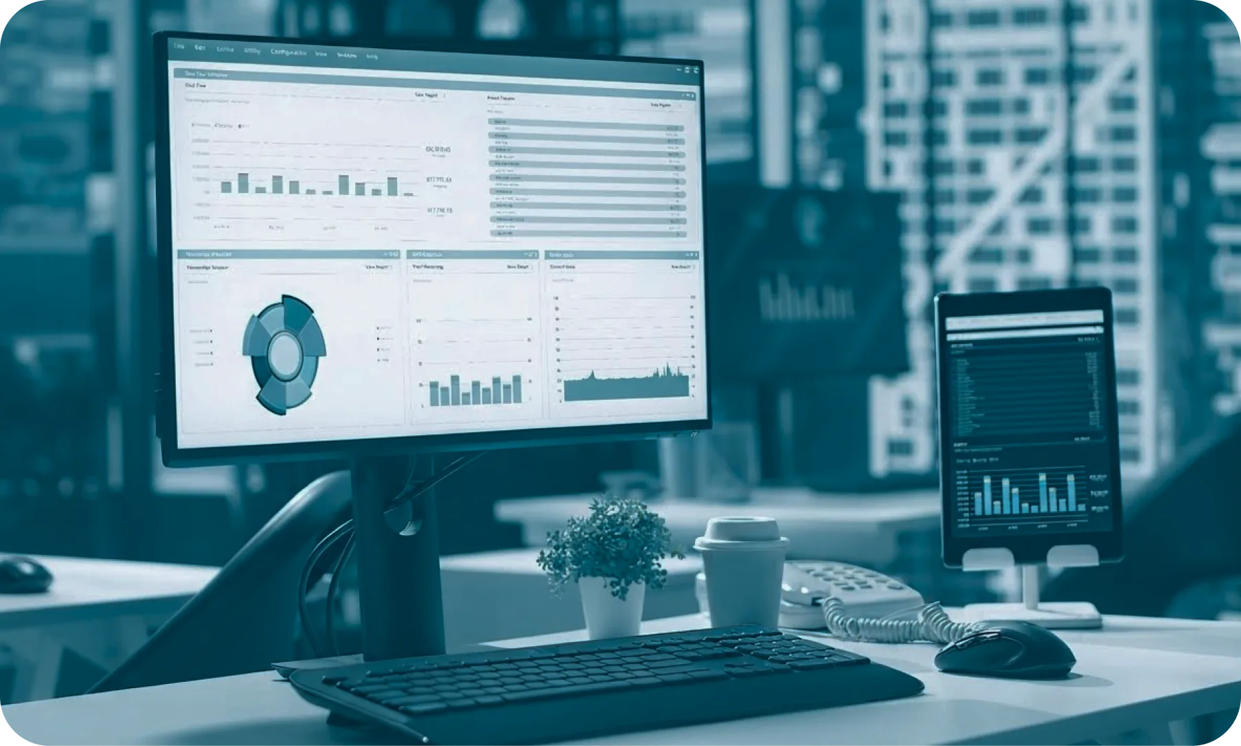 Monitor mit mehreren Excel-Auswertungen als Beispiel für Schatten-Reporting