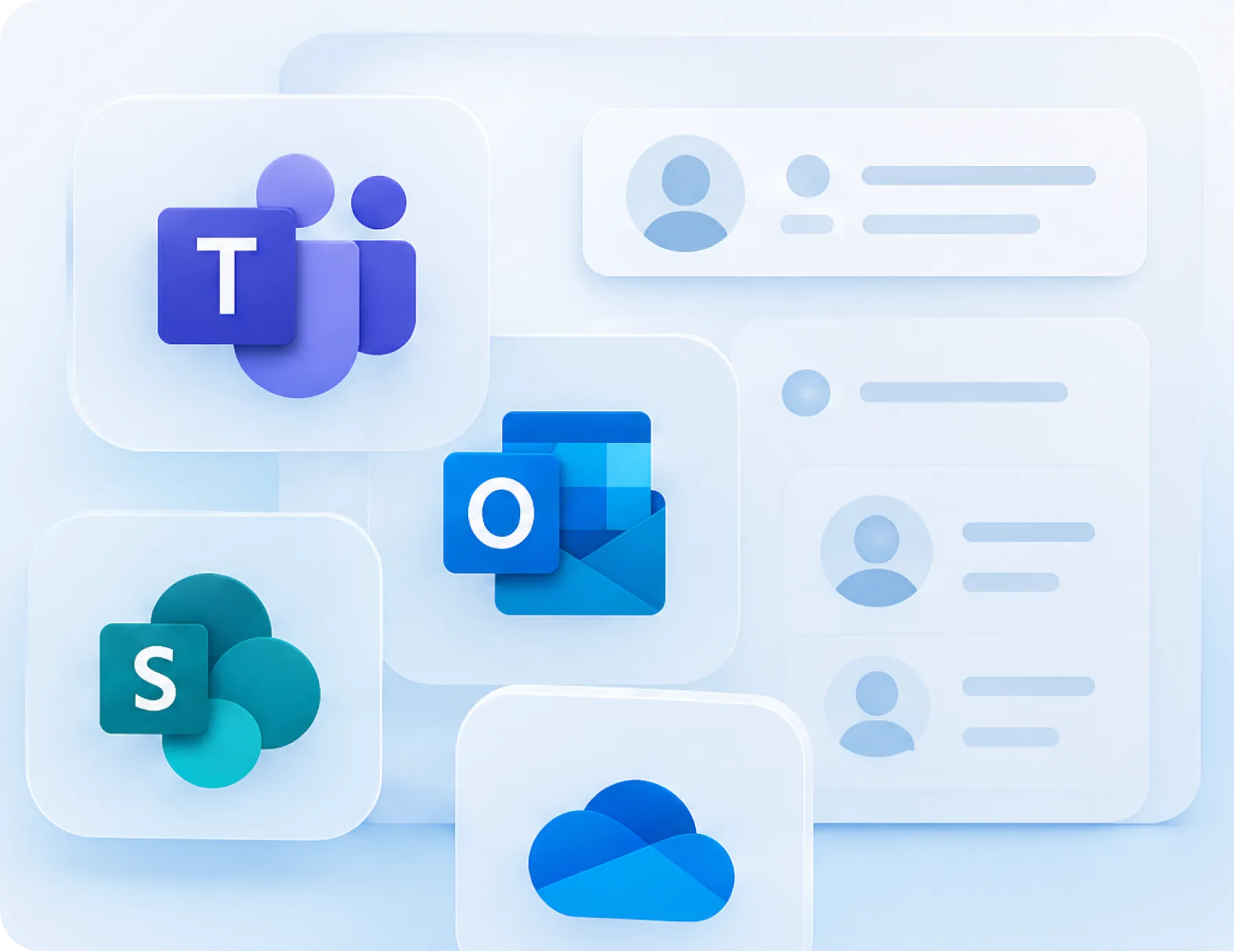 Illustration: Symbole von Teams, Outlook, SharePoint und OneDrive