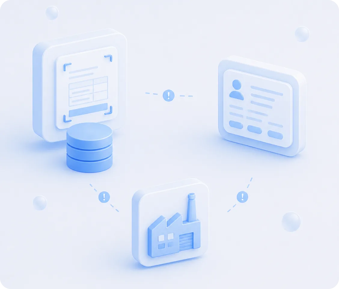 Illustration: Datenlücken zwischen ERP, CRM und Produktionssteuerung